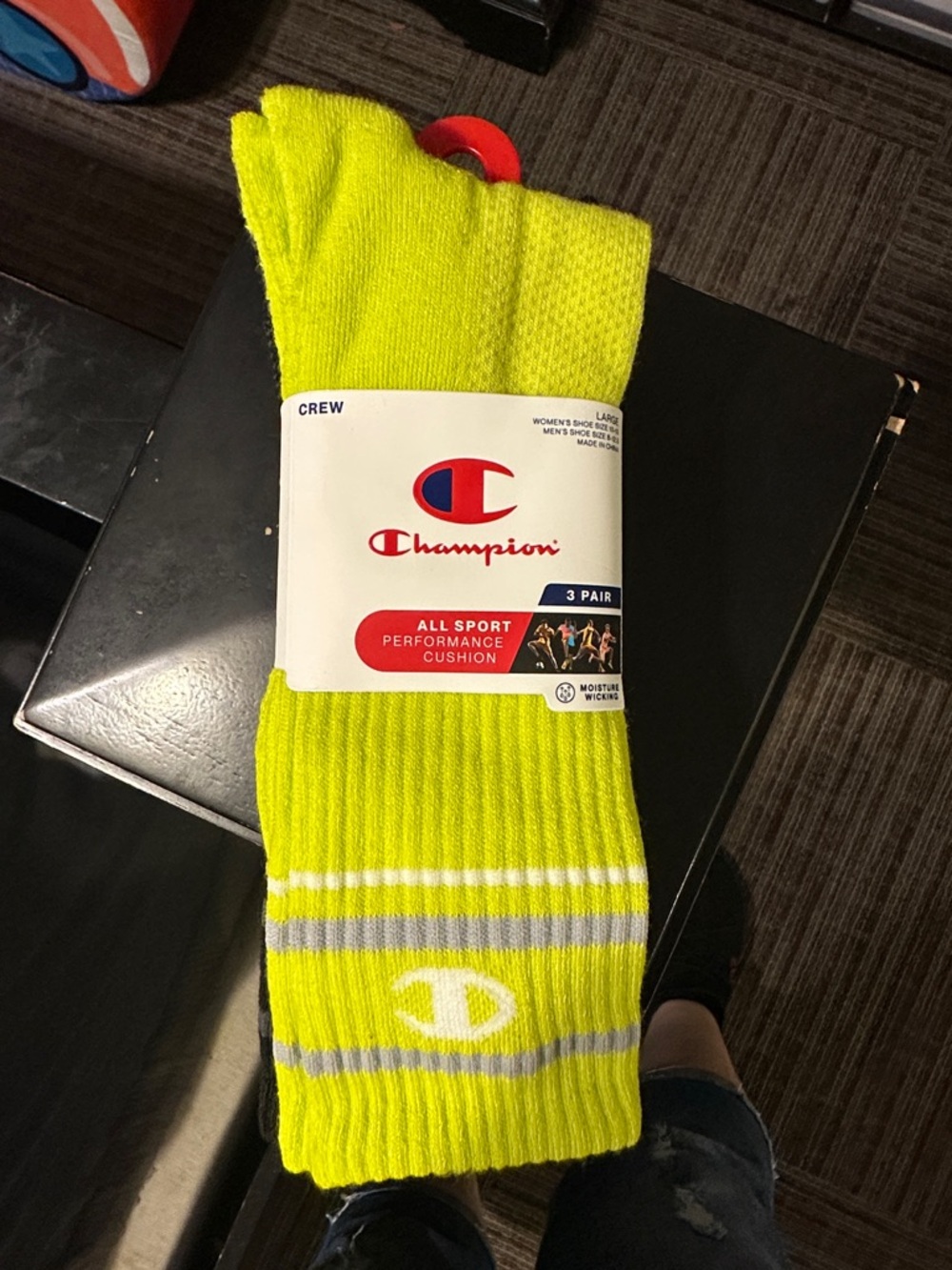 Champion Neon Yellow Crew Athletic Socks with Gray & White Stripes (3 Pack)
